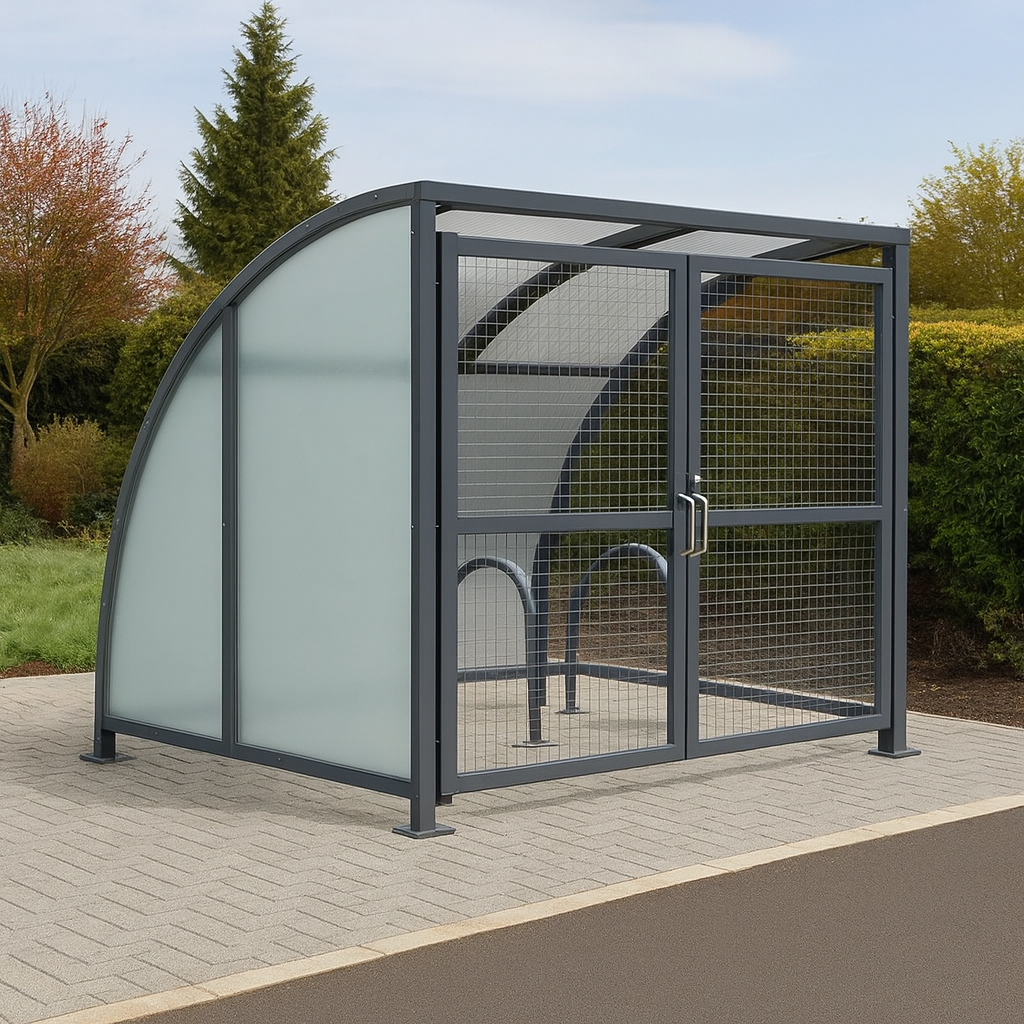 SC1 Stratford Cycle Shelter – Galvanised Steel Frame with Lockable Mesh Doors & Clear UV-Protected PETG Panels