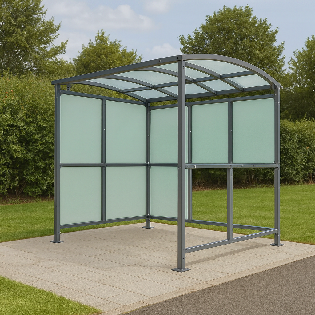 Brandon Modular Cycle Shelter – Galvanised Steel Frame with Curved Clear PETG Roof (1m–5m + Extension Bays)