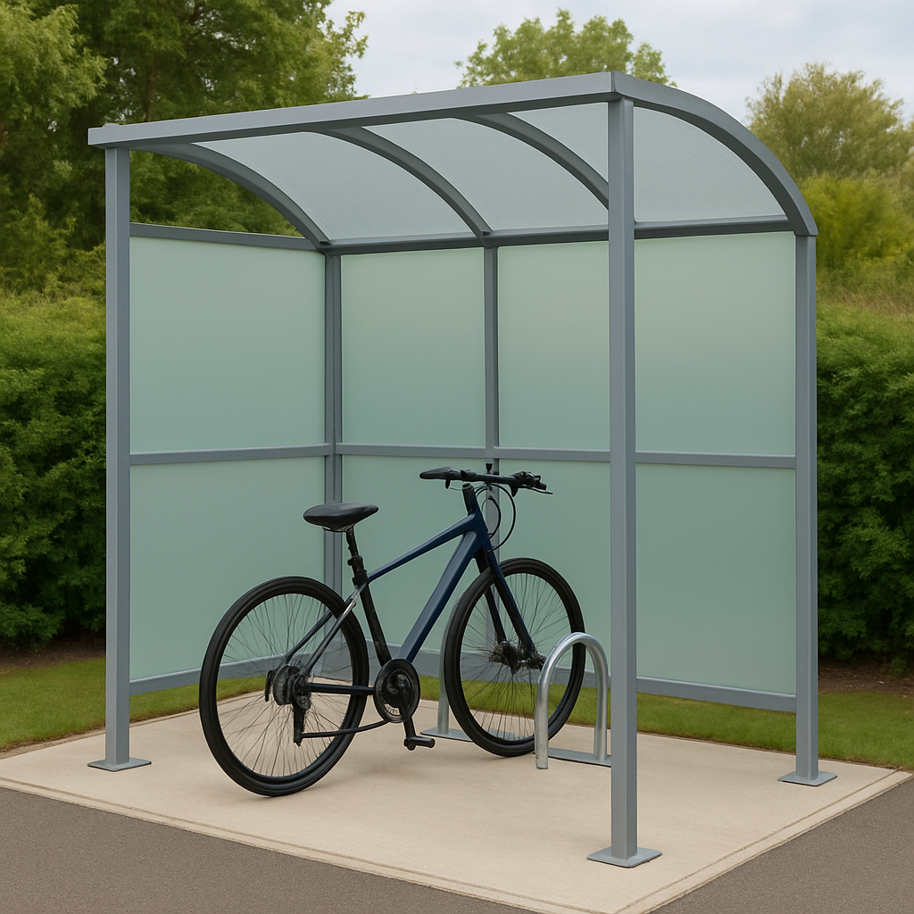 Brandon Modular Cycle Shelter – Galvanised Steel Frame with Curved Clear PETG Roof (1m–5m + Extension Bays)