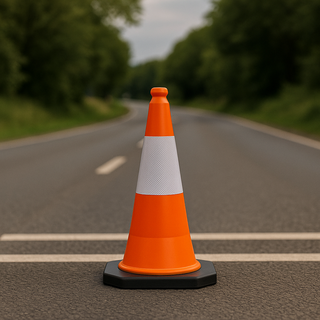 50 cm Flexible PVC Road Cone – Impact-Resistant, High-Visibility, Recyclable with Reflective Sheeting