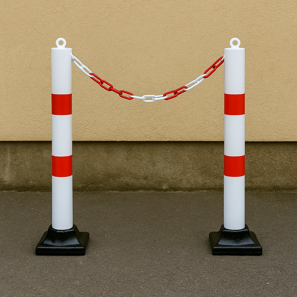 2 × 76mm Red & White Fold-Down Parking Posts with Chain Kit