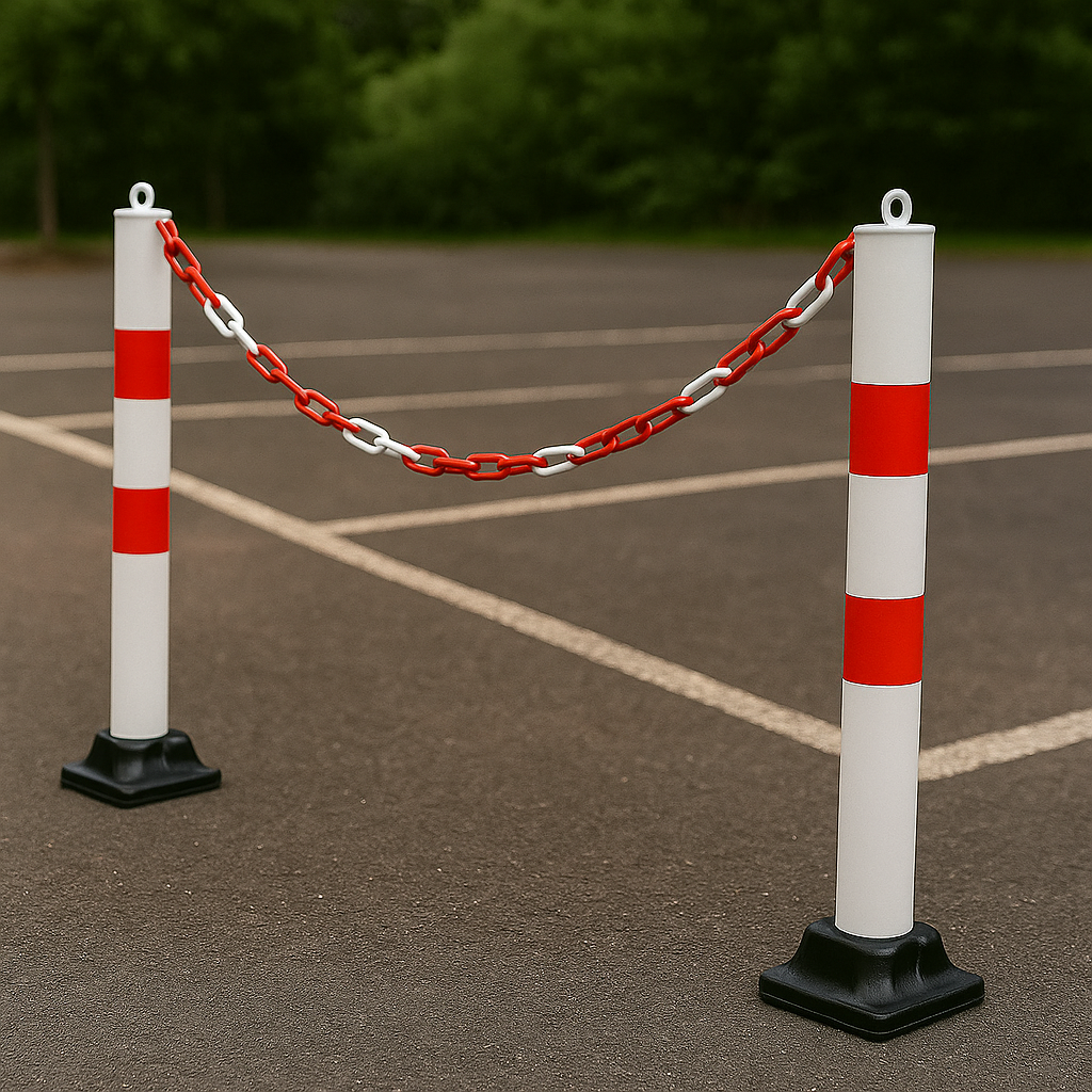 2 × 76mm Red & White Fold-Down Parking Posts with Chain Kit