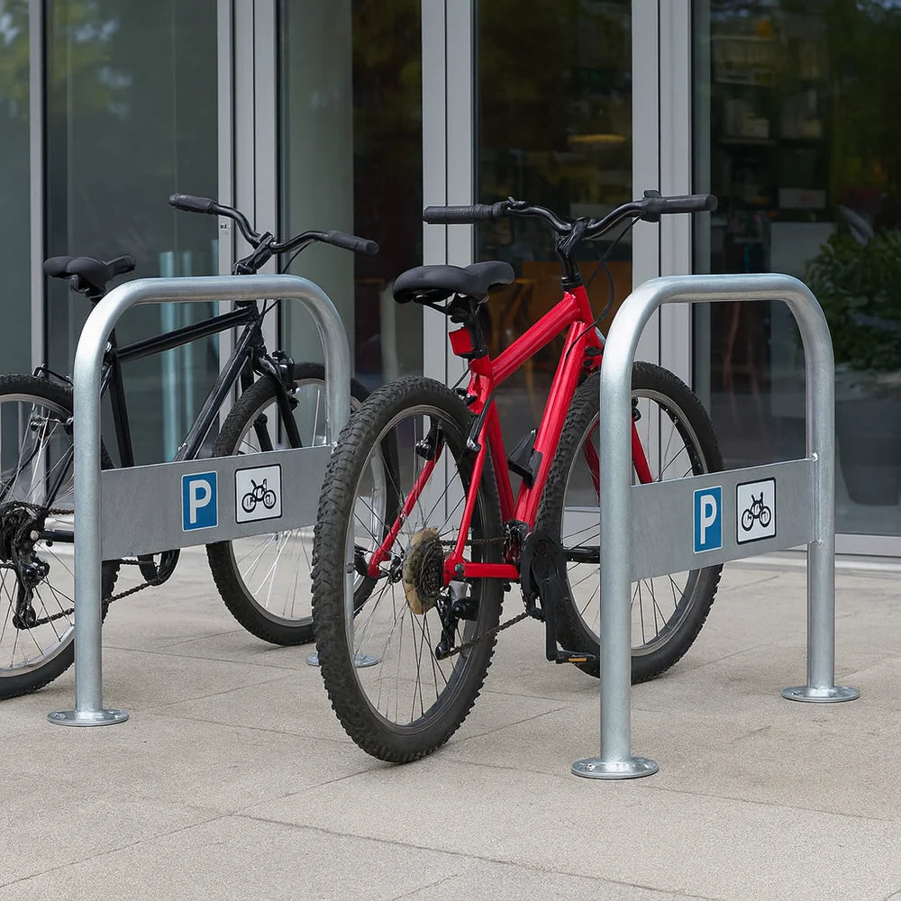 Hillform 48mm Cycle Stand with Integrated Sign – Secure 2 Bicycles | Galvanised, Ragged or Flanged Fixings