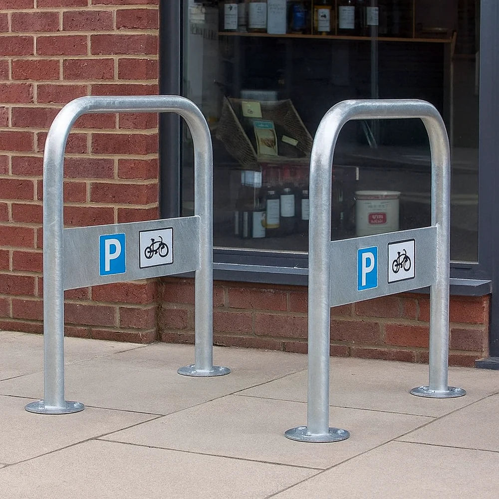 Hillform 48mm Cycle Stand with Integrated Sign – Secure 2 Bicycles | Galvanised, Ragged or Flanged Fixings