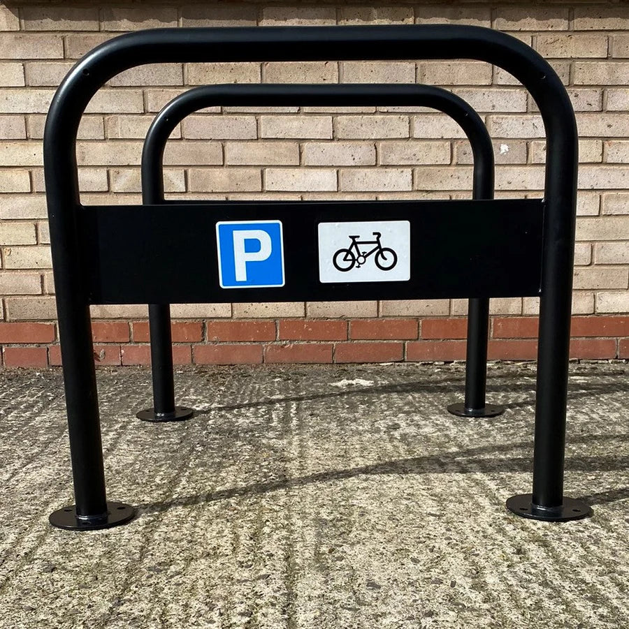 Hillform 48mm Cycle Stand with Integrated Sign – Secure 2 Bicycles | Galvanised, Ragged or Flanged Fixings