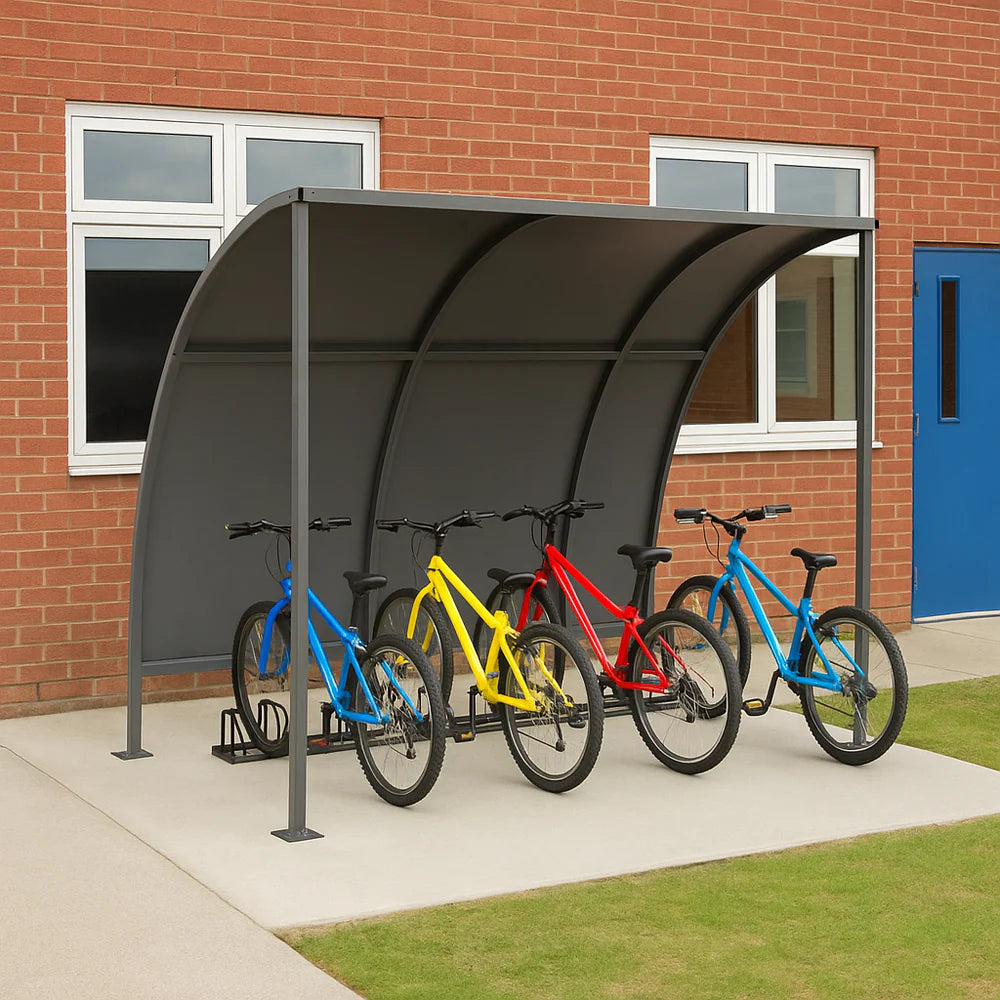 Leyton Cycle Shelter – Galvanised Steel Frame with Solid Galvanised Roof & Rear Panel (1m–5m + Extension Bays)