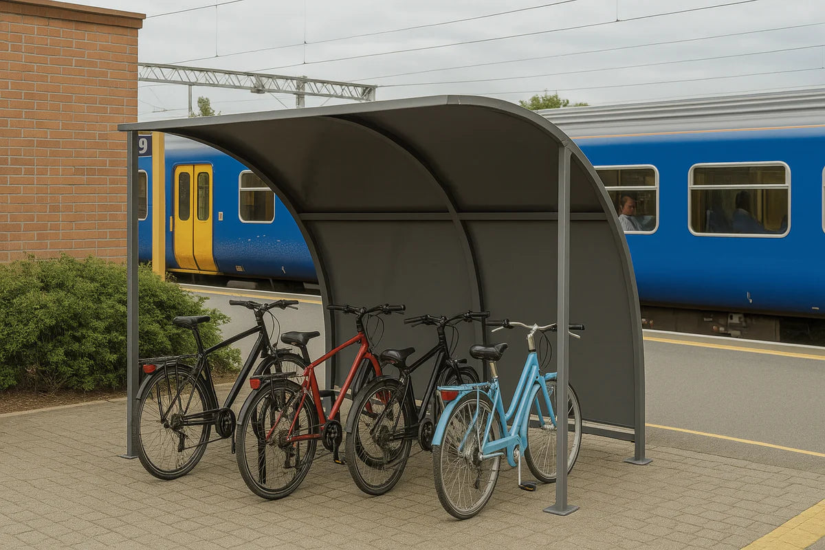 Leyton Cycle Shelter – Galvanised Steel Frame with Solid Galvanised Roof & Rear Panel (1m–5m + Extension Bays)