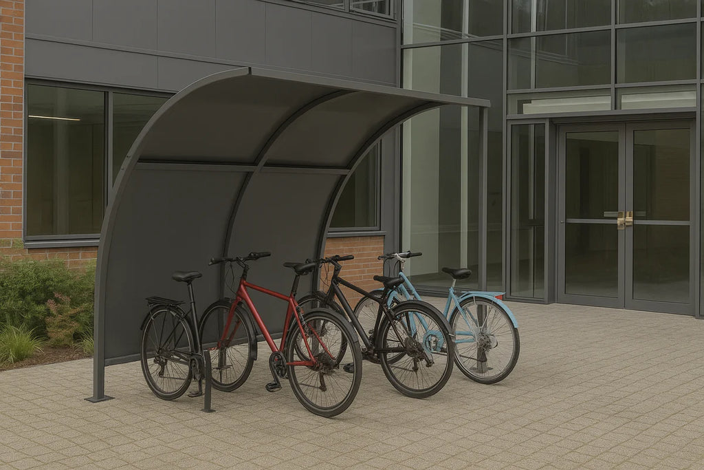 Leyton Cycle Shelter – Galvanised Steel Frame with Solid Galvanised Roof & Rear Panel (1m–5m + Extension Bays)