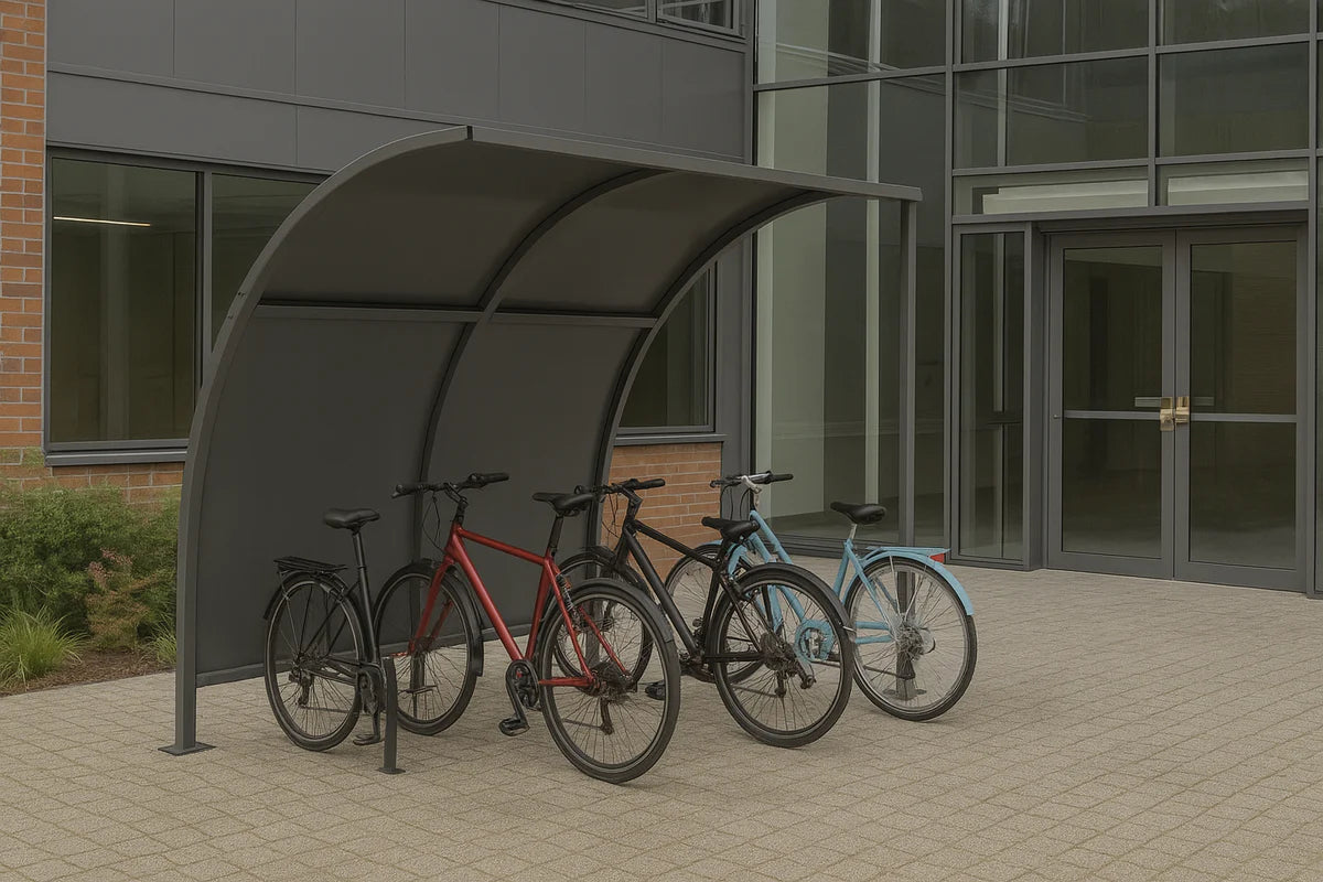 Leyton Cycle Shelter – Galvanised Steel Frame with Solid Galvanised Roof & Rear Panel (1m–5m + Extension Bays)