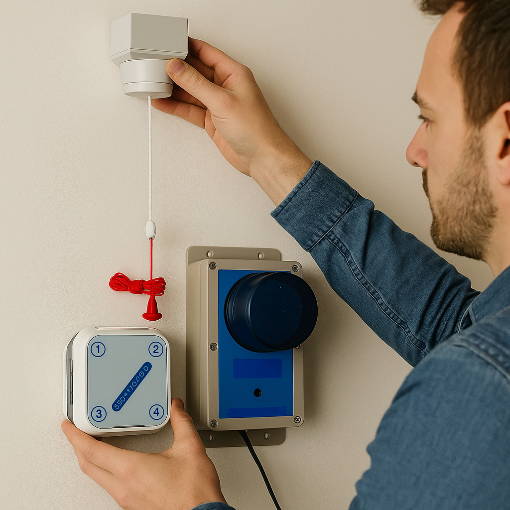 Wireless Disabled Toilet Alarm Kit – Pull-Cord Switch with Siren & Strobe, Up to 100m Range