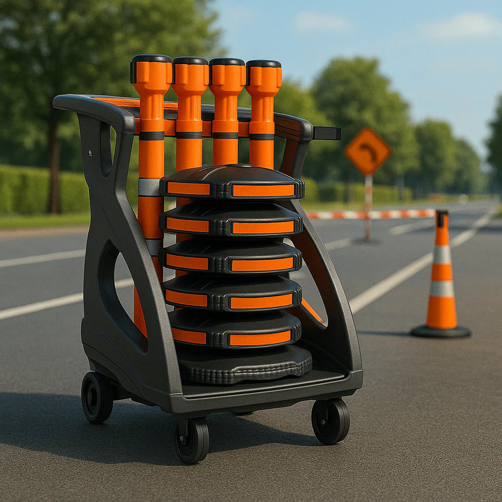 Safety Barrier System | BarrierPlus Orange Unicart – Fully Equipped Modular Multi-Purpose Trolley (6 Posts, Bases & Retractable Barriers)