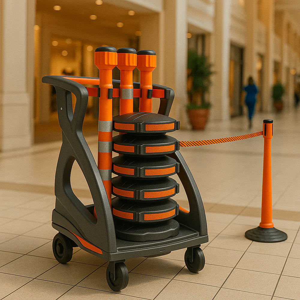 Safety Barrier System | BarrierPlus Orange Unicart – Fully Equipped Modular Multi-Purpose Trolley (6 Posts, Bases & Retractable Barriers)