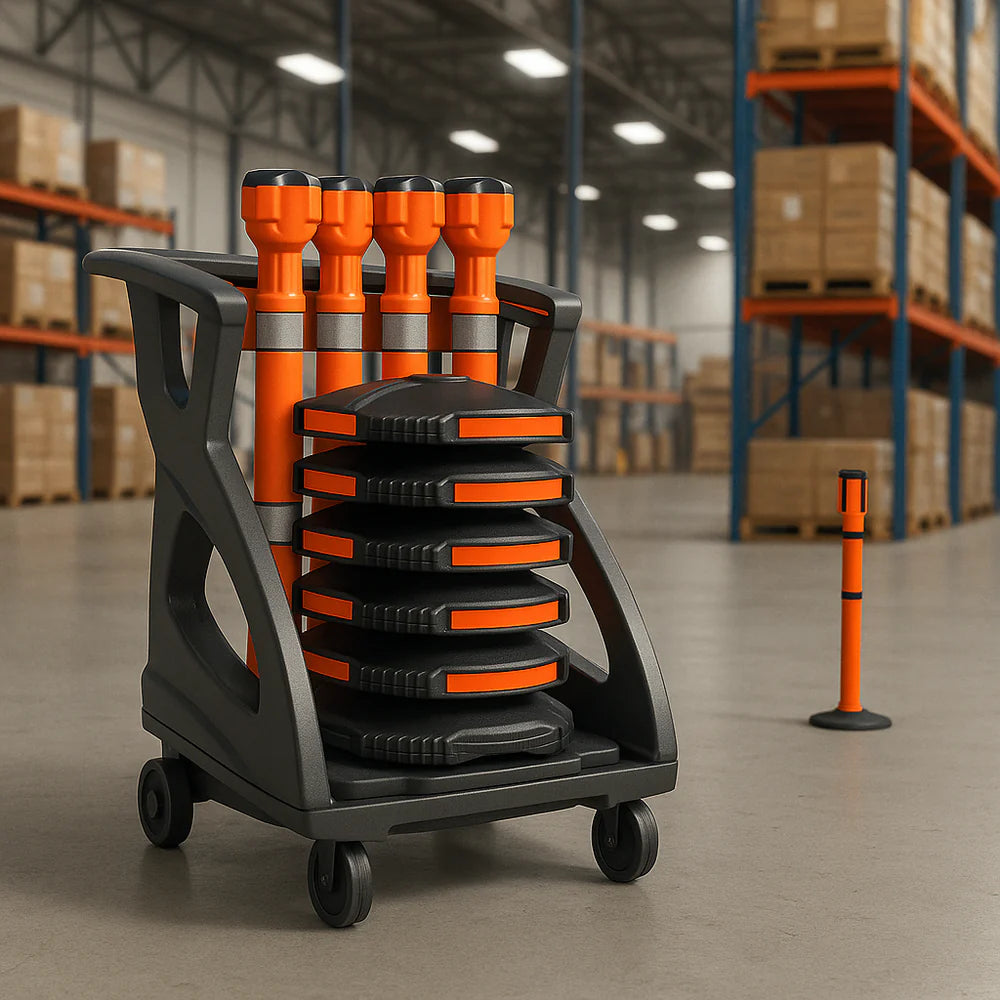 Safety Barrier System | BarrierPlus Orange Unicart – Fully Equipped Modular Multi-Purpose Trolley (6 Posts, Bases & Retractable Barriers)