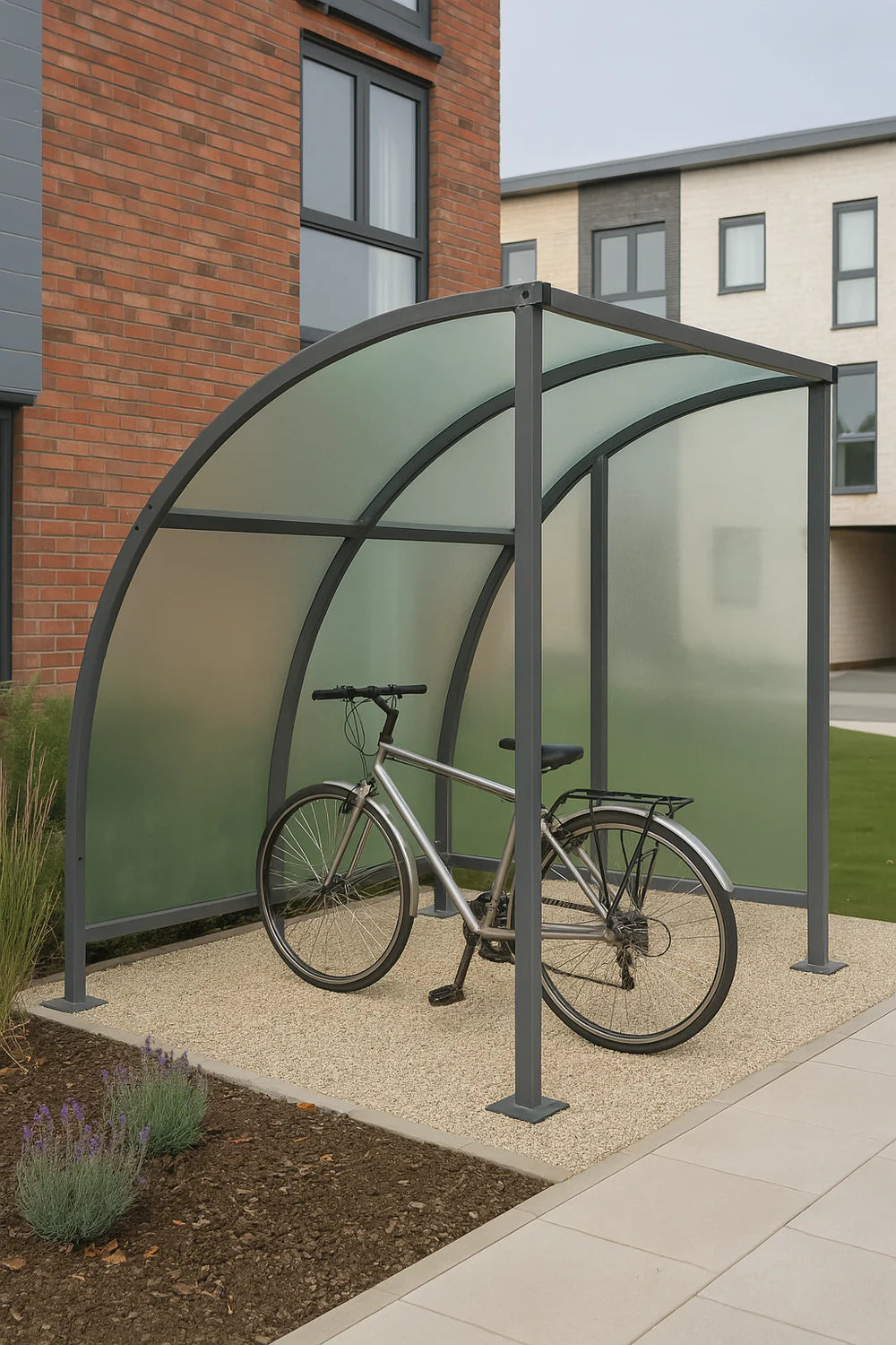 Stratford Cycle Shelter with End Panels – Galvanised Steel Frame & UV-Protected PETG Curved Roof (1m–5m)