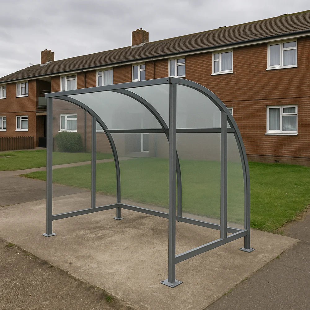 Stratford Cycle Shelter with End Panels – Galvanised Steel Frame & UV-Protected PETG Curved Roof (1m–5m)