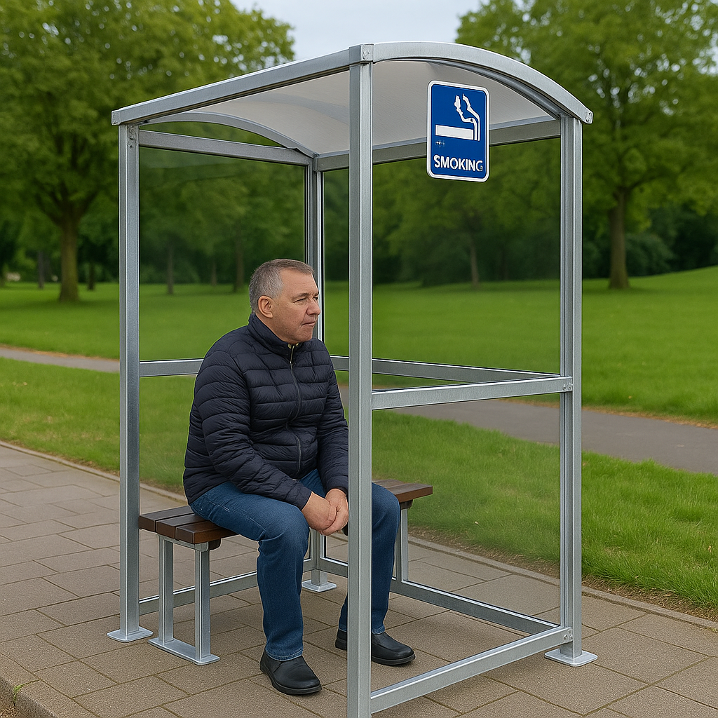 Burbank Smoking Shelter – Open-Front Galvanised Steel Frame with UV-Protected PETG Roof | Modular, Weather-Resistant Design