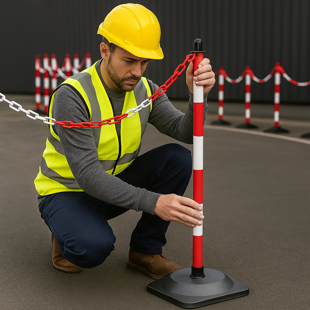 High-Visibility Red & White Chain Post with Heavy-Duty Recycled Rubber Base – Stable, Portable Safety & Queue Barrier