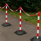 High-Visibility Red & White Chain Post with Heavy-Duty Recycled Rubber Base – Stable, Portable Safety & Queue Barrier