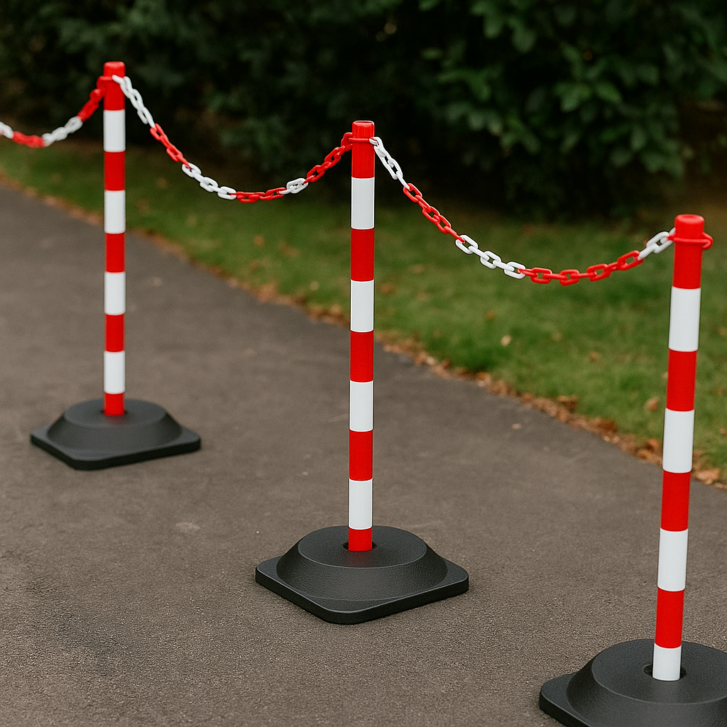 High-Visibility Red & White Chain Post with Heavy-Duty Recycled Rubber Base – Stable, Portable Safety & Queue Barrier