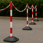 High-Visibility Red & White Chain Post with Heavy-Duty Recycled Rubber Base – Stable, Portable Safety & Queue Barrier
