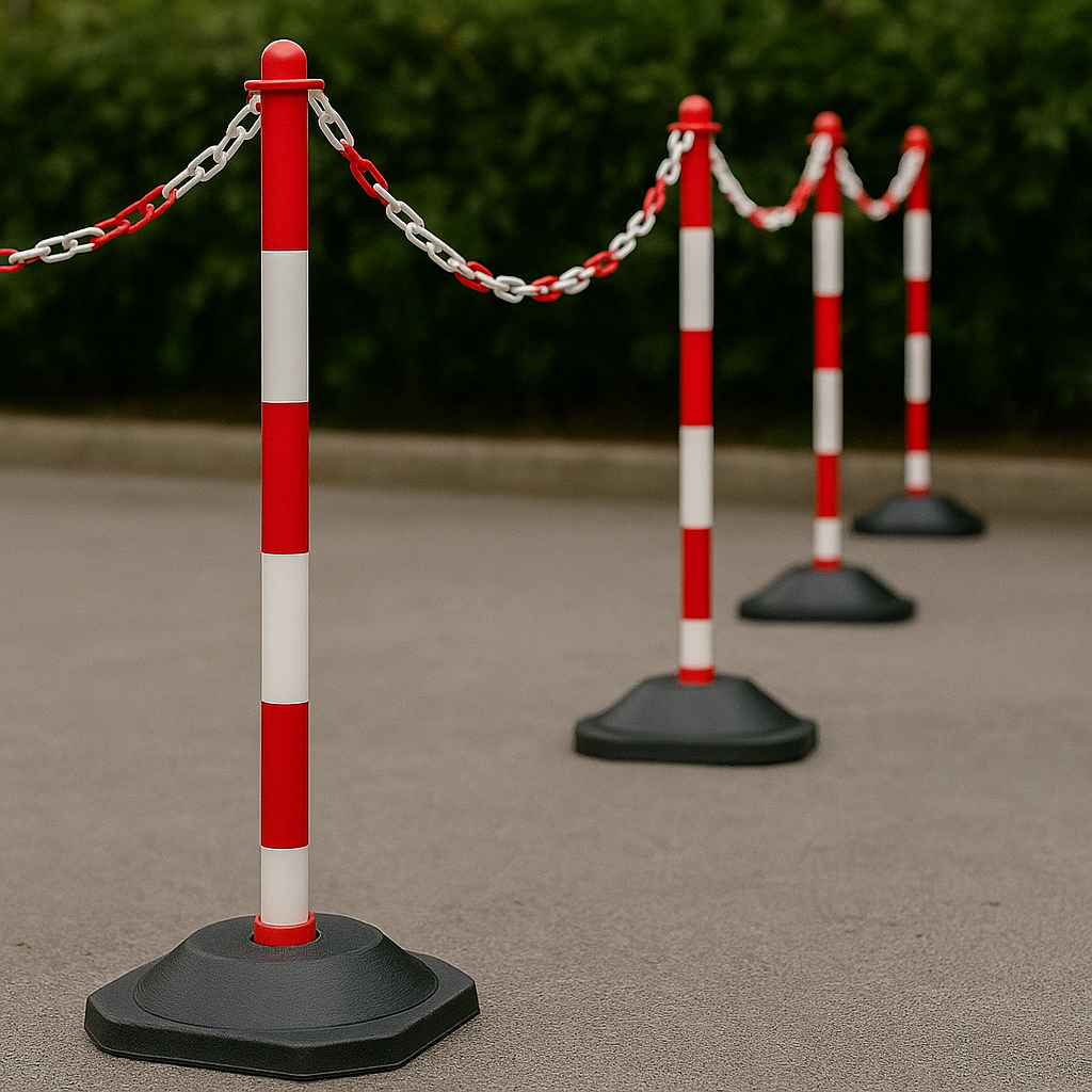 High-Visibility Red & White Chain Post with Heavy-Duty Recycled Rubber Base – Stable, Portable Safety & Queue Barrier