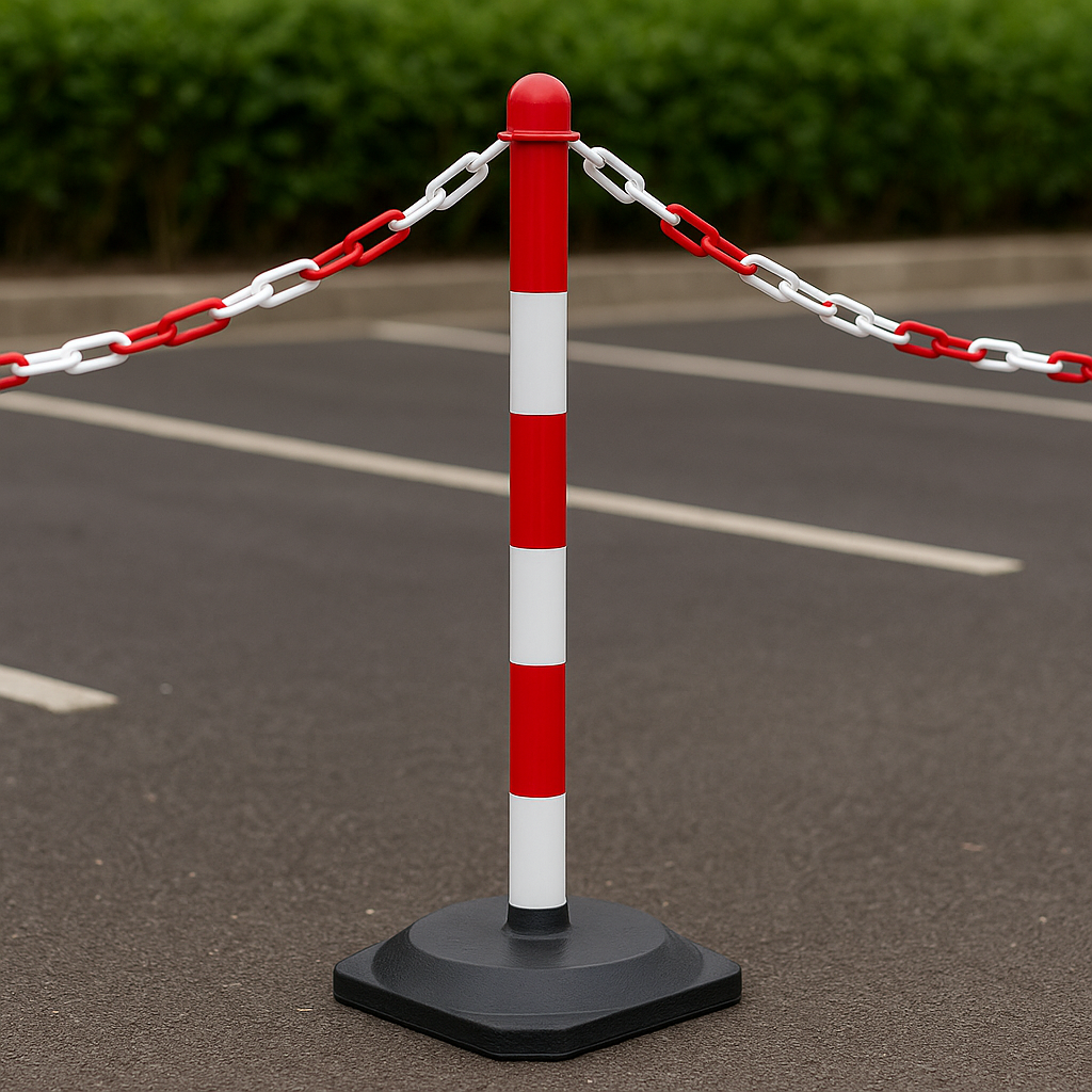 High-Visibility Red & White Chain Post with Heavy-Duty Recycled Rubber Base – Stable, Portable Safety & Queue Barrier