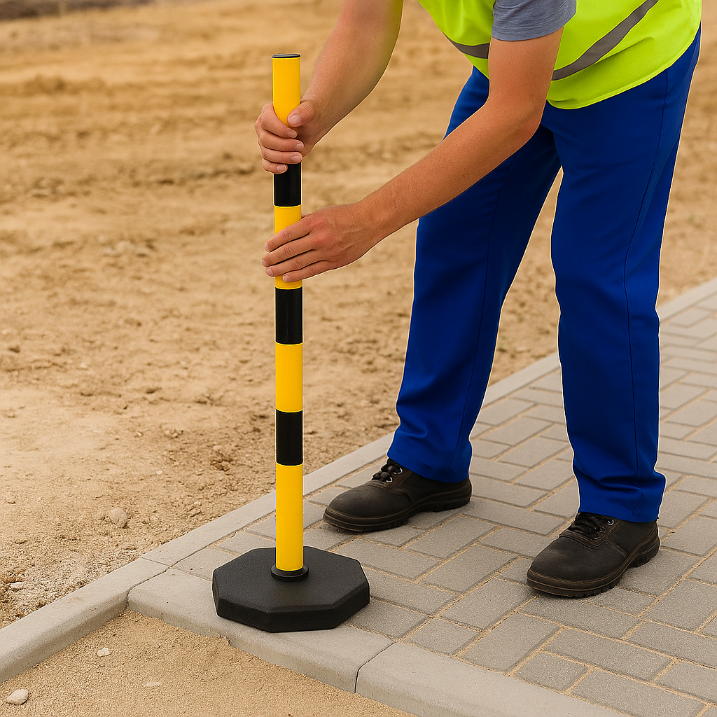 High-Visibility Yellow & Black Chain Barrier Kit – 6 Posts with Fillable Bases, 10 m Chain, Hooks & Links – Quick, Tool-Free Deployment