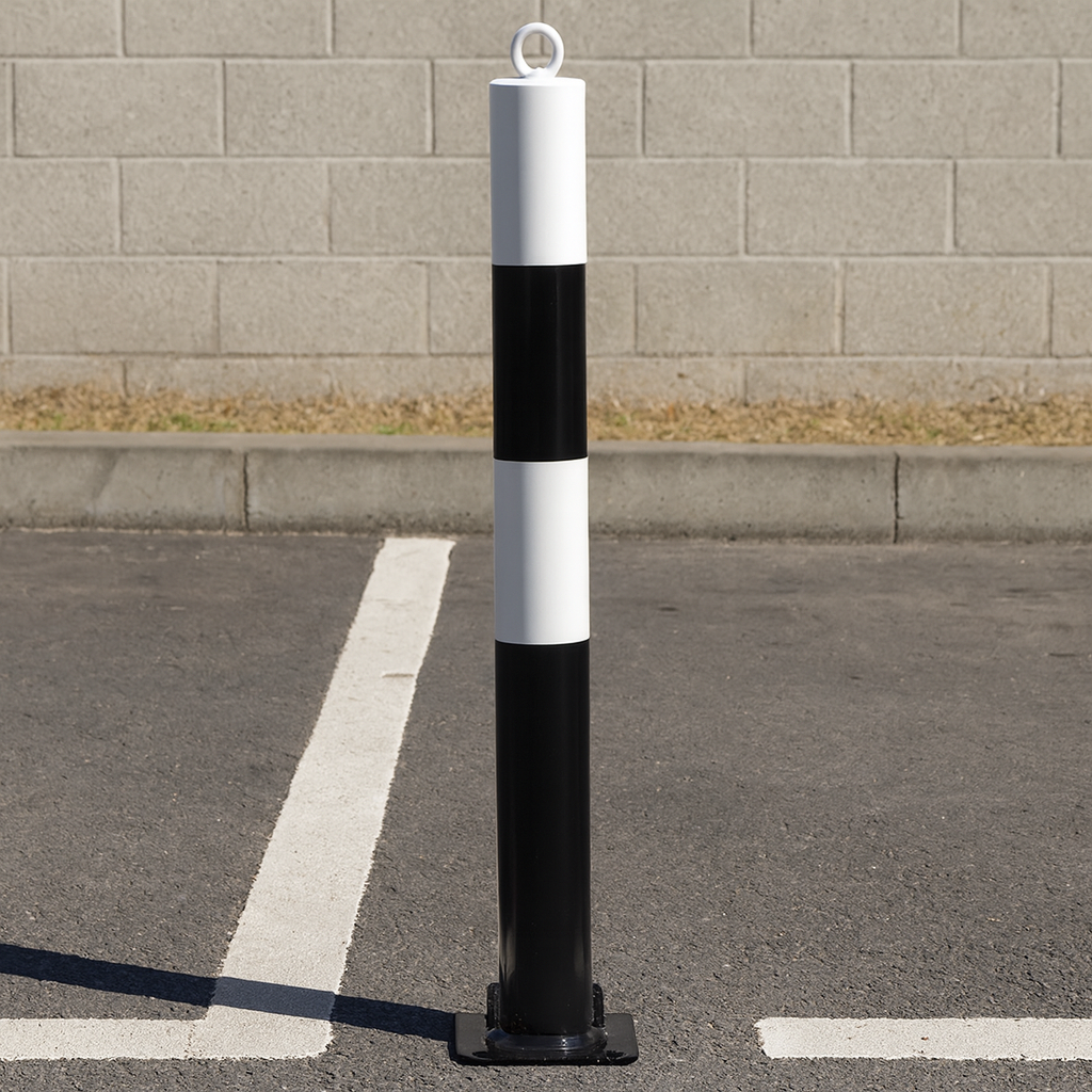 White & Black Fold-Down Parking Post with Integral Lock & Chain Eyelet