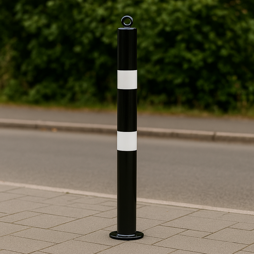 Heavy-Duty 76mm Black & White Steel Bolt-Down Bollard – High-Visibility Safety Post for Parking & Traffic Control