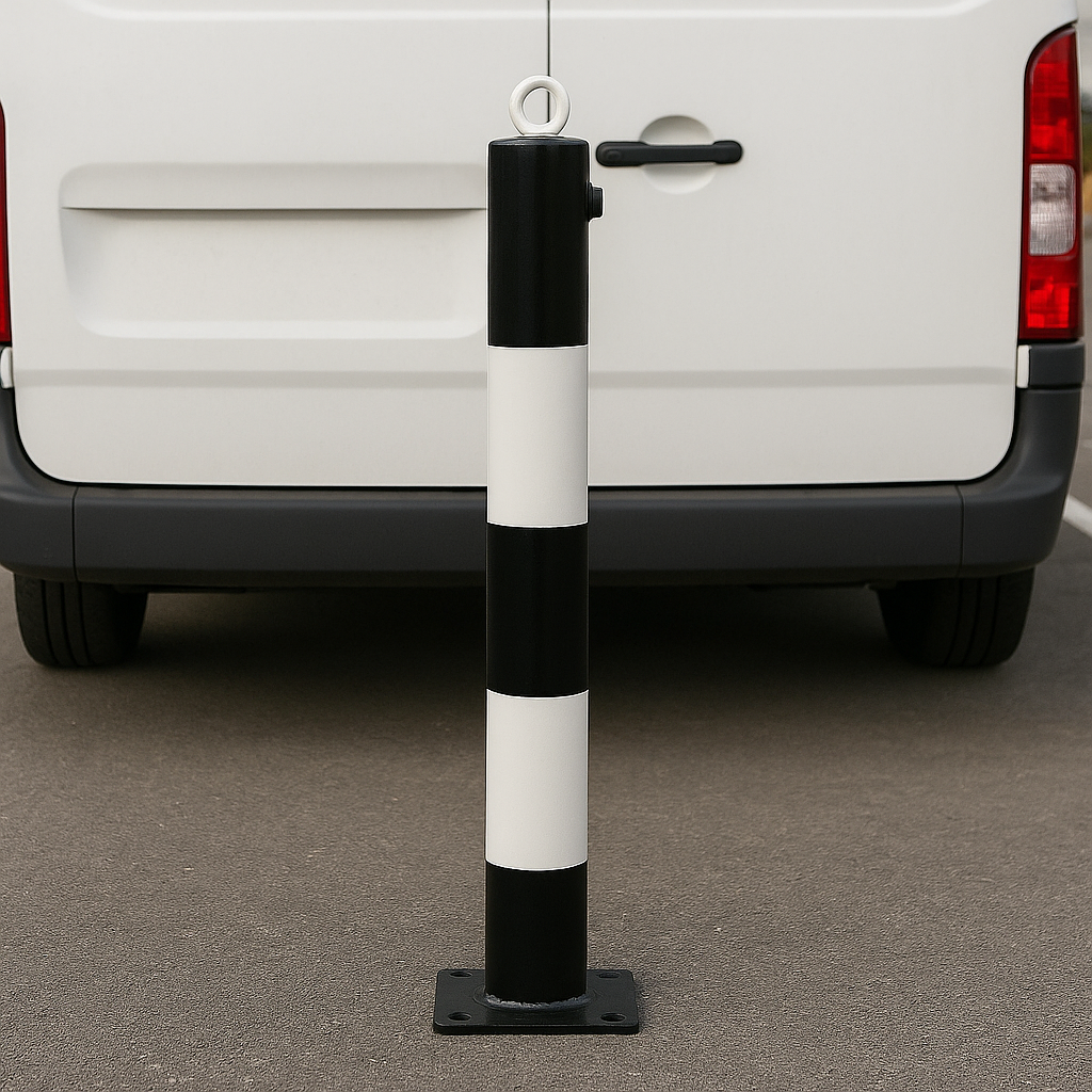 White & Black Fold-Down Parking Post with Integral Lock & Chain Eyelet