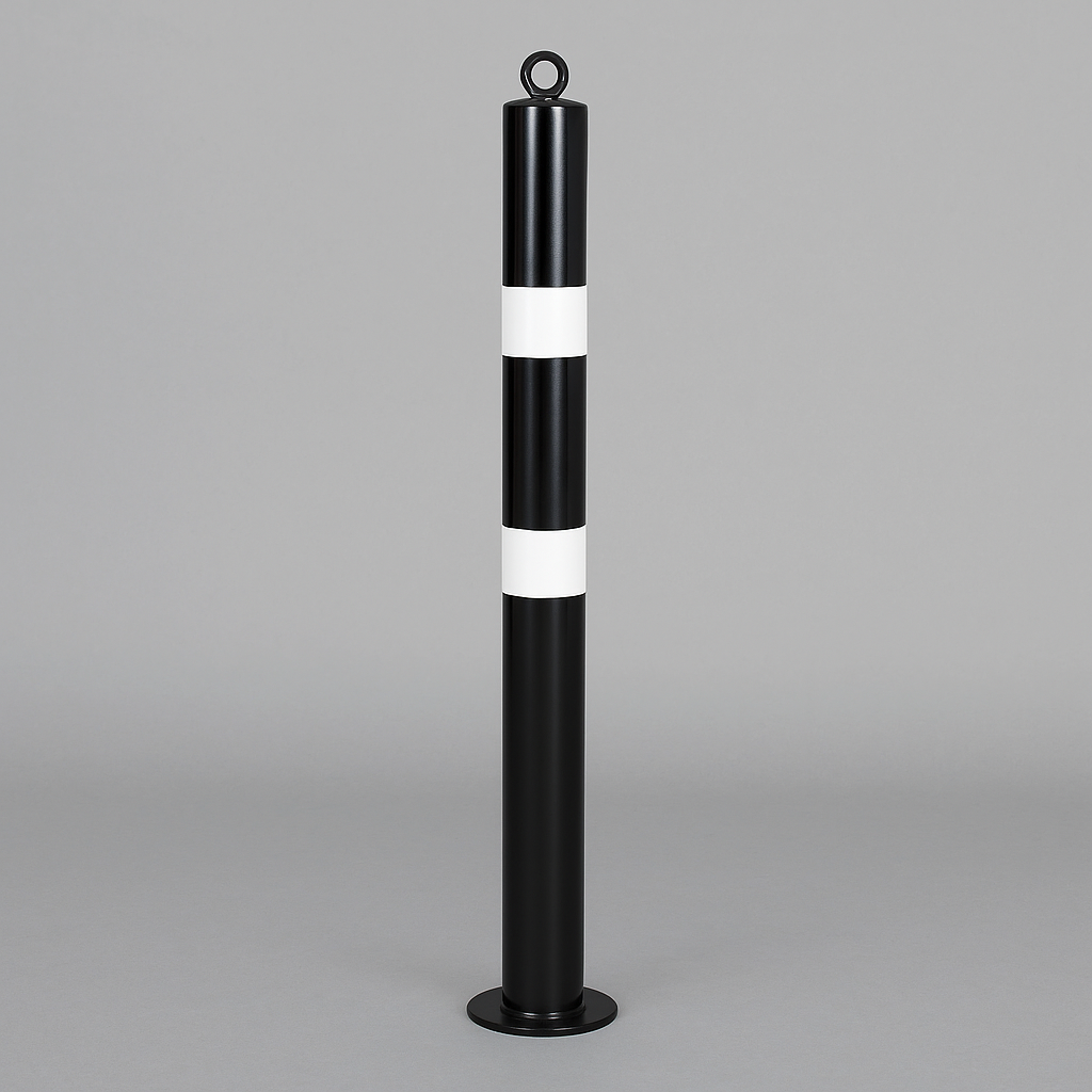 Heavy-Duty 76mm Black & White Steel Bolt-Down Bollard – High-Visibility Safety Post for Parking & Traffic Control