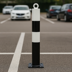 White & Black Fold-Down Parking Post with Integral Lock & Chain Eyelet