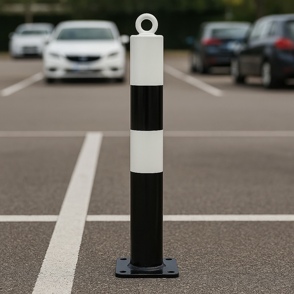 White & Black Fold-Down Parking Post with Integral Lock & Chain Eyelet
