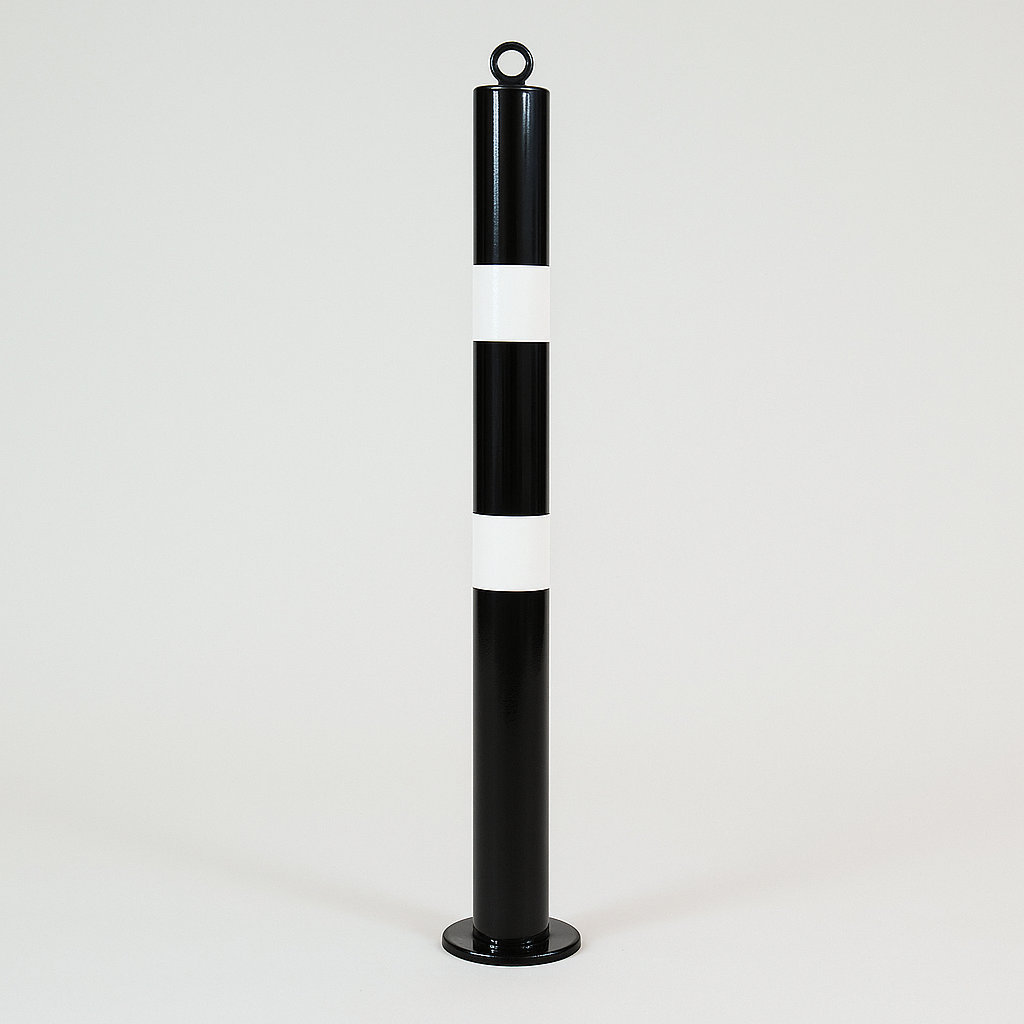 Heavy-Duty 76mm Black & White Steel Bolt-Down Bollard – High-Visibility Safety Post for Parking & Traffic Control