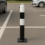 White & Black Fold-Down Parking Post with Integral Lock & Chain Eyelet