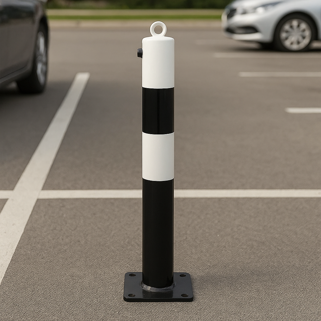 White & Black Fold-Down Parking Post with Integral Lock & Chain Eyelet