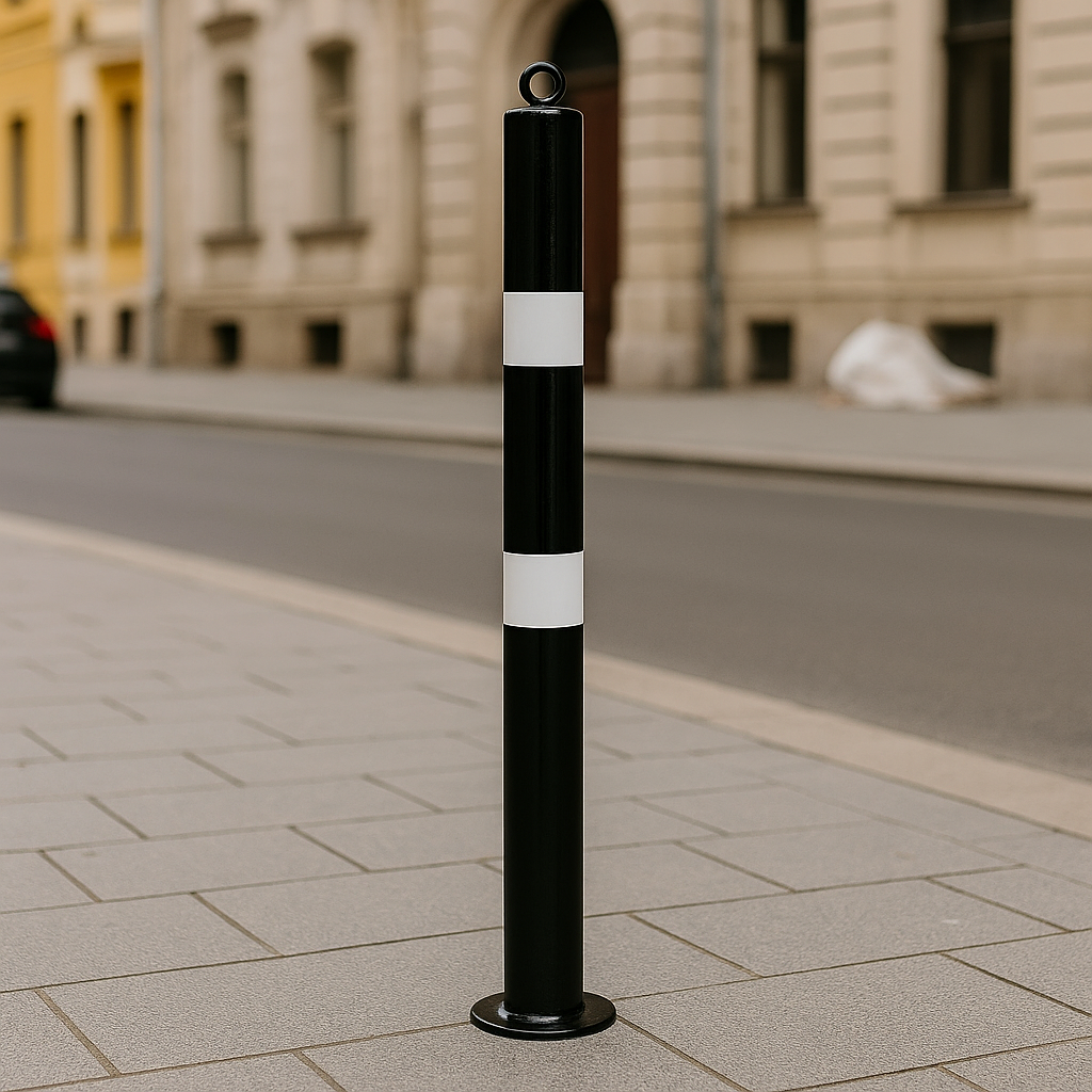 Heavy-Duty 76mm Black & White Steel Bolt-Down Bollard – High-Visibility Safety Post for Parking & Traffic Control