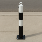 White & Black Fold-Down Parking Post with Integral Lock & Chain Eyelet