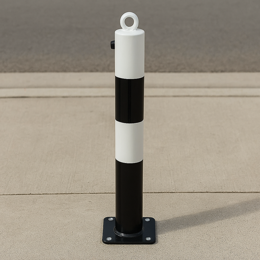 White & Black Fold-Down Parking Post with Integral Lock & Chain Eyelet