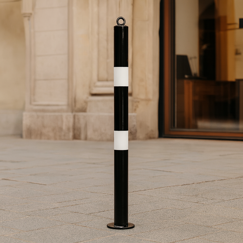 Heavy-Duty 76mm Black & White Steel Bolt-Down Bollard – High-Visibility Safety Post for Parking & Traffic Control