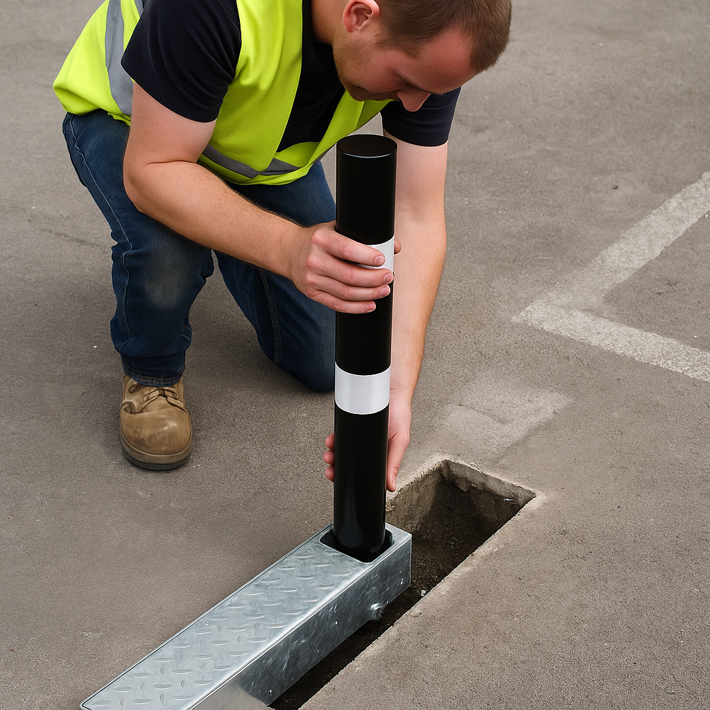 Fold Away (Coffin) Black Bollard Post with Reflective White Band