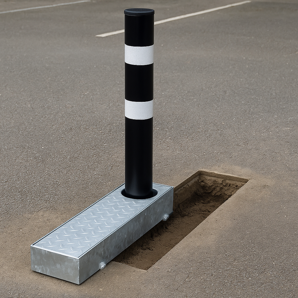 Fold Away (Coffin) Black Bollard Post with Reflective White Band