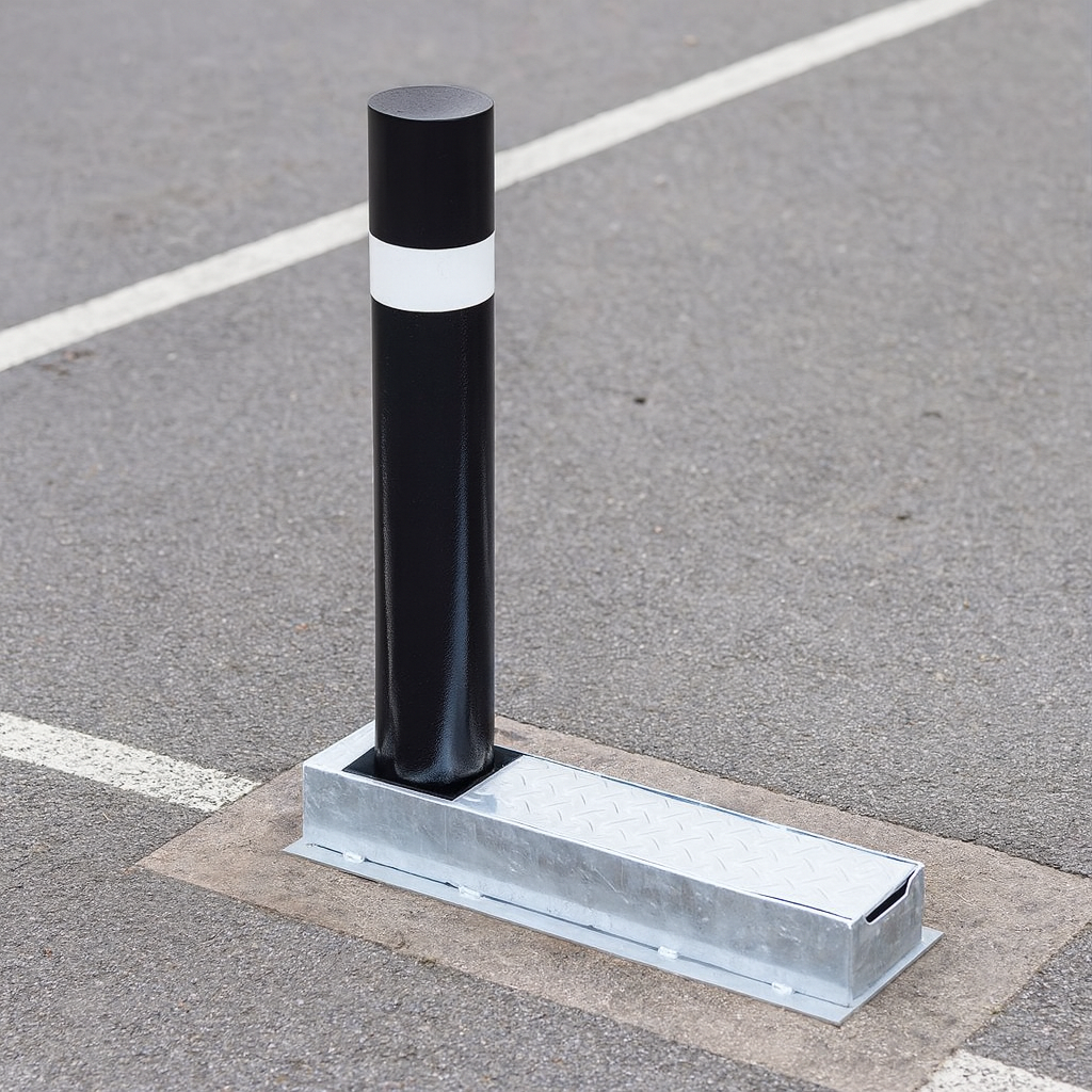Fold Away (Coffin) Black Bollard Post with Reflective White Band