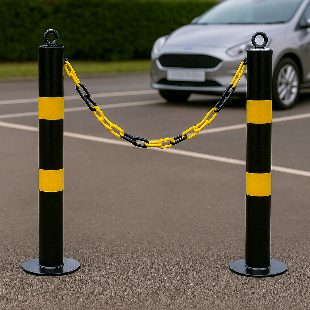 Premium Black & Yellow Folding Parking Post & Chain Barrier Kit – Secure Driveway & Car Park Access (1 Folding, 2 Static Posts)
