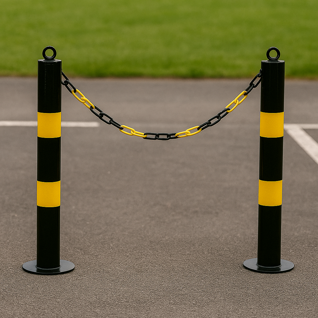 Premium Black & Yellow Folding Parking Post & Chain Barrier Kit – Secure Driveway & Car Park Access (1 Folding, 2 Static Posts)