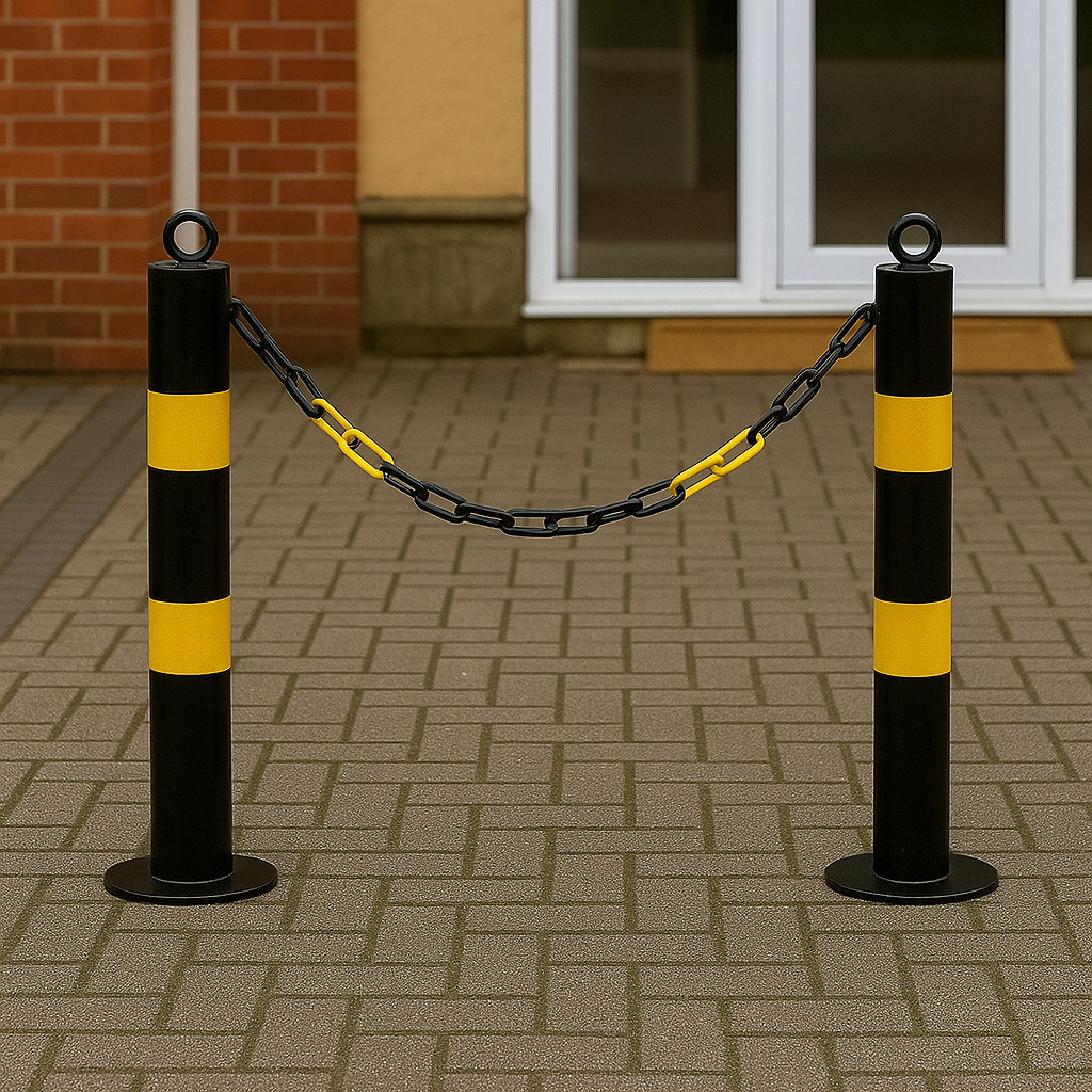 Premium Black & Yellow Folding Parking Post & Chain Barrier Kit – Secure Driveway & Car Park Access (1 Folding, 2 Static Posts)