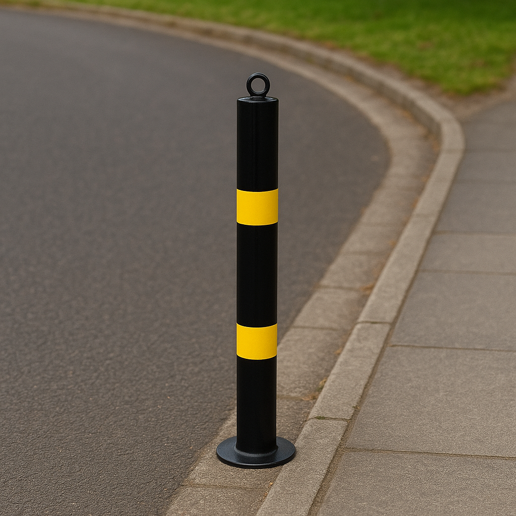 76mm Heavy-Duty Bolt-Down Steel Bollard – Black & Yellow | Safety Barrier for Traffic & Vehicle Control