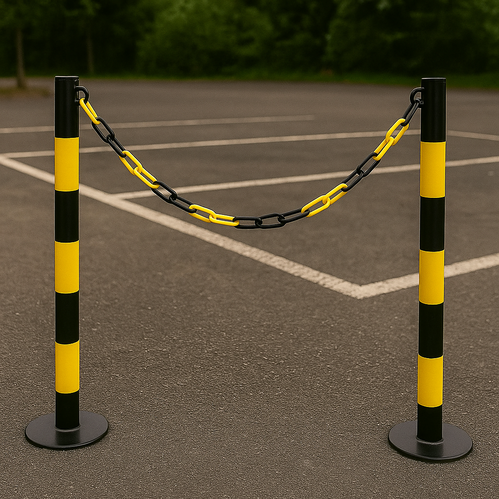 2 × 76mm Fold-Down Yellow Parking Posts with Plastic Chain Kit – Complete Parking Barrier Solution