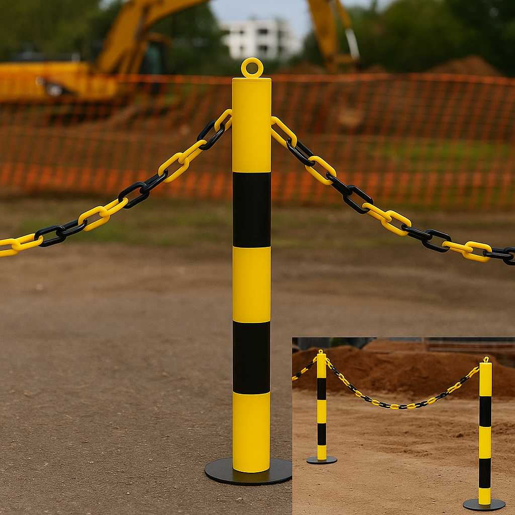 2 × 76mm Fold-Down Yellow Parking Posts with Plastic Chain Kit – Complete Parking Barrier Solution