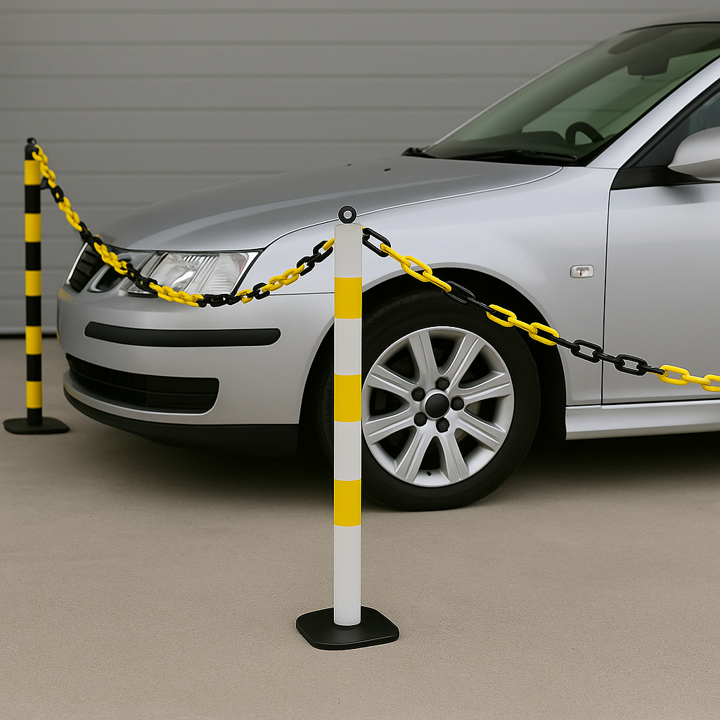 2 × 76mm Fold-Down Yellow Parking Posts with Plastic Chain Kit – Complete Parking Barrier Solution